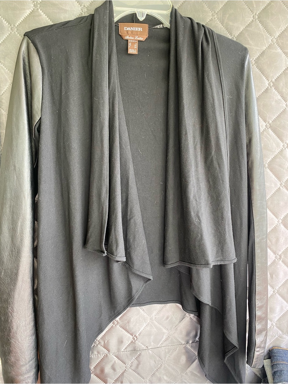 Danier Black Draped Open-Front Cardigan with genuine Italian Leather Sleeves